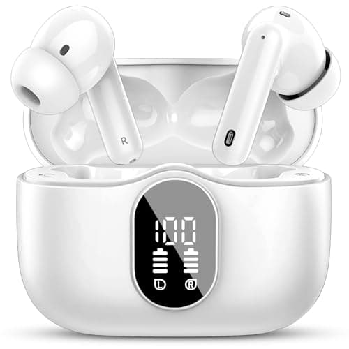 Wireless Earbuds, Bluetooth 5.4 Headphones Bass Stereo, Ear Buds with Noise Cancelling Mic, LED Display in Ear Earphones Clear Calls, IP7 Waterproof Bluetooth Earbuds for Laptop/Phones/Sports, White