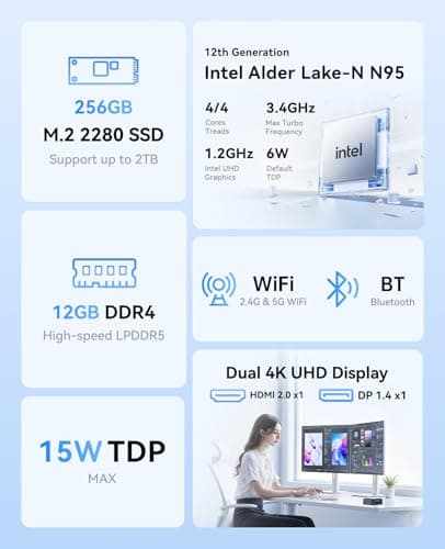 KAMRUI Essenx E1 Mini PC, N95 Processor (up to 3.4GHz), 12GB LPDDR5 RAM 256GB M.2 SSD, Mini Desktop Computer Support Dual 4K, WiFi, Ethernet for Business, Office, Home 2