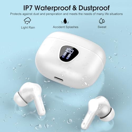 Wireless Earbuds, Bluetooth 5.4 Headphones HiFi Stereo, Bluetooth Earbuds with ENC Noise Cancelling Mic, IP7 Waterproof in Ear Earphones, 48H, LED Display Ear buds for Pad Phones Workout Sports, White 4