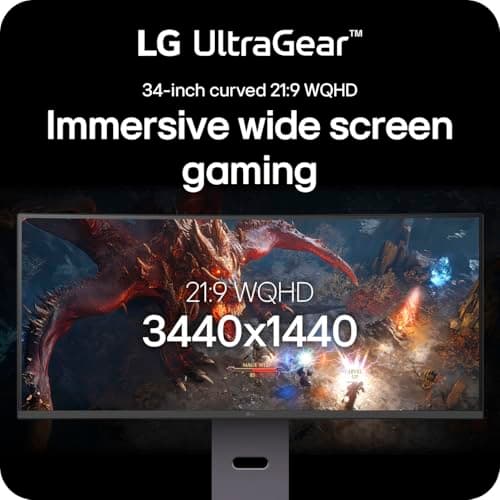 LG 34G600A-B 34-inch Ultragear WQHD (3440 x 1440) Curved Gaming Monitor 160Hz, AMD FreeSync Premium, HDR10, Built-in Speaker, Reader Mode, HDMI 2.1, DisplayPort, Tilt/Height/Swivel Stand, Black 3