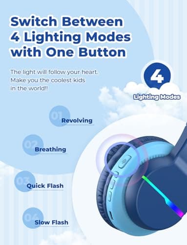 iClever BTH12 Kids Bluetooth Headphones,Colorful LED Lights Kids Headphones Wireless,74/85dBA Safe Volume,85H Playtime,Fast Charging,Bluetooth 5.2,Over Ear,Built-in Mic for iPad/Tablet/Airplane,Blue 3
