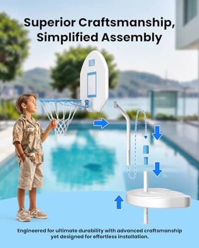IGL Pool Basketball Hoop Poolside, Height Adjustable Swimming Basketball Hoop Outdoor for Pool, Anti-rust Stainless Steel Rim, Portable Basketball Goal System, Fillable Base, Includes 2 Balls and Pump 3