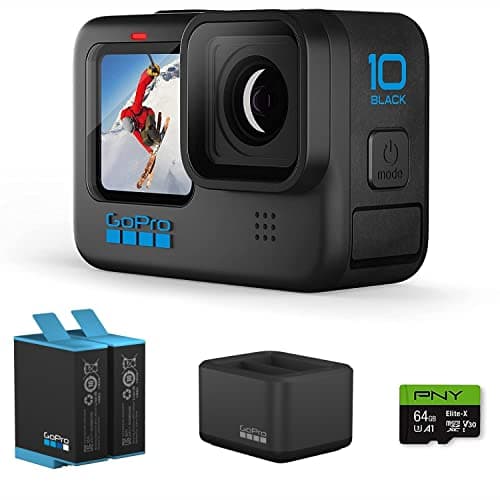 GoPro HERO10 Black Bundle with Dual Battery Charger, Extra Battery, 64GB SD Card - Waterproof Action Camera with LCD Screens, 5.3K60 Ultra HD Video (Renewed)