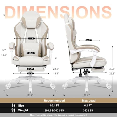 Misolant Gaming Chair, Fabric Gamer Chair with footrest for Adults, High Back Ergonomic Computer Game Chair with Adjustable Headrest and Massage Lumbar Support, 90-155° Recline Free, Beige 3