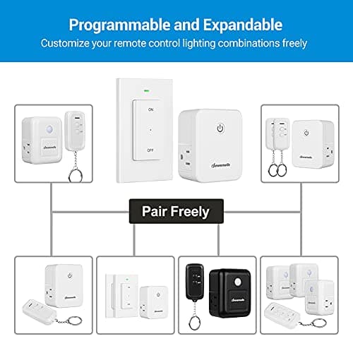 DEWENWILS Remote Control Outlet, Wireless Light Switch with 2 Side Outlets, 100 FT Range Remote Outlet Switch for Lamp, Christmas Decoration, No Wiring, 15A/1875W, Compact Design, Programmable 5