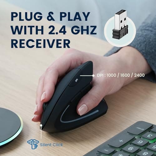 Perixx PERIMICE-713RX Wireless Rechargeable Vertical Mouse - Duo Wired and Wireless Charging Feature - Charging Pad Included - 6 Buttons Design - Black - Right-Handed Design 4