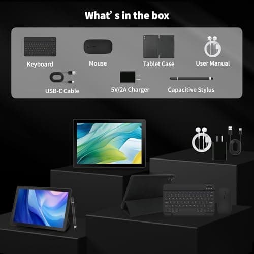 Latest 2025 Upgraded Android Tablet 10.1 Inch with IPS HD Touch Screen, Dual Camera, 64GB Storage 1TB Expansion, 8 in 1 Tablets Kit with Keyboard, Protective Case, Mouse, Stylus, BT 5.4, WiFi 6 4