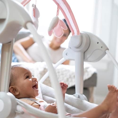 Ingenuity Comfort 2 Go Compact Portable 6-Speed Cushioned Baby Swing with Music, Folds Easy, 0-9 Months 6-20 lbs (Pink Flora the Unicorn) 3