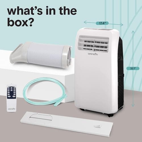 SereneLife Small Air Conditioner Portable 10,000 BTU with Built-in Dehumidifier + Heat - Portable AC unit for rooms up to 450 sq ft - Remote Control, Window Mount Exhaust Kit 2