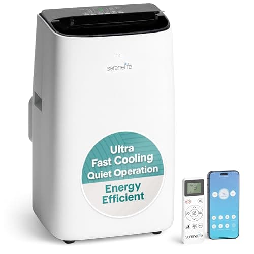SereneLife 14000 BTU Ultra Quiet Portable Inverter Air Conditioner, Smart Cooling & Heating with WiFi, Energy Efficient, For Bedrooms, Living Spaces & Offices, 650 Sq Ft Coverage