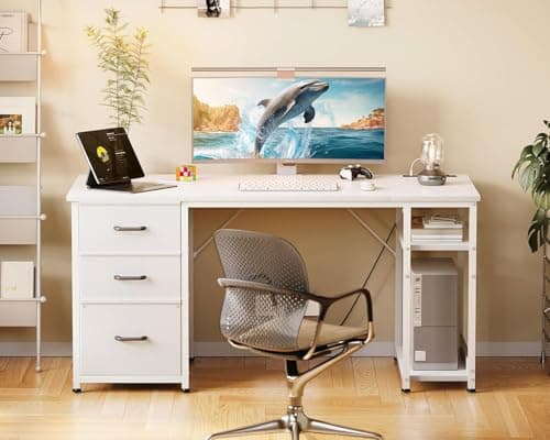 AODK 51 Inch Computer Desk with File Drawers & USB Power Outlets - Reversible Home Office Desk with Storage Shelves, Work from Home, Modern Work/Writing/Study Table for Bedroom, White 2