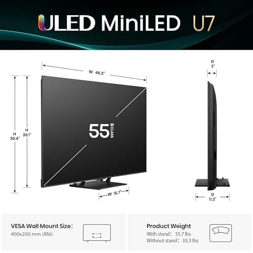 Hisense 55" U7 Mini-LED ULED 4K UHD Best Premium Gaming Google Smart TV (55U75QG, 2025 Model) - QLED, Native 165Hz, VRR 288, Up to 3000 Nits, HDR10+, Dolby Vision IQ · Atmos, IMAX Enhanced, 2.1.2 Ch 2