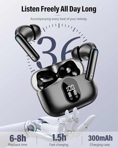 Wireless Earbuds, Bluetooth 5.4 Headphones Bass Stereo, Ear Buds with Noise Cancelling Mic, LED Display in Ear Earphones Clear Calls, IP7 Waterproof Bluetooth Earbuds for Laptop/Phones/Sports, Black 5
