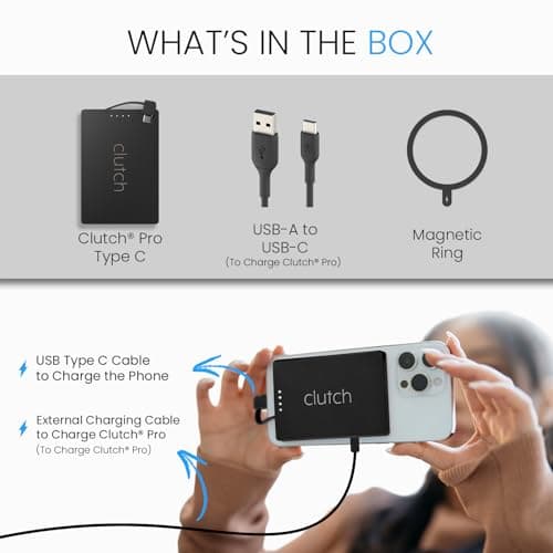 Clutch - Pro USB-C Portable Charger - Compatible with iPhone 15,16, 17 & Android Devices - Power Bank Magnetic Battery - TSA Travel Approved - USB Rechargeable - Built-in Cable - 5000 mAh - 3.7oz 5