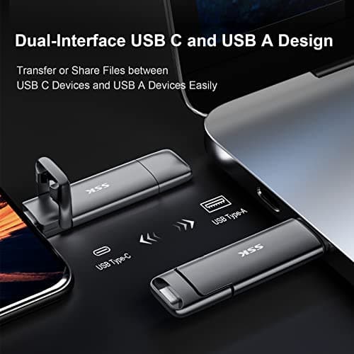 SSK External USB C SSD Flash Drive 512GB, Up to 550MB/s 2-in-1 Type C+ USB A USB3.2 Gen2 Solid State Thumb Drive, Memory Stick Data Storage for iPhone 15/PS4/PS5/Android Phone/Windows/Mac 4