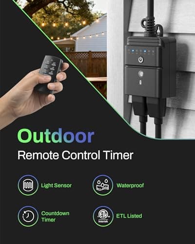 BN-LINK Outdoor Light Timer, Waterproof Plug-in Dusk-to-Dawn Controller with 2 Grounded Outlets for Christmas & Halloween String Lights, 15A 1/2HP, ETL Listed, 100 ft RF Range, Remote Included 2