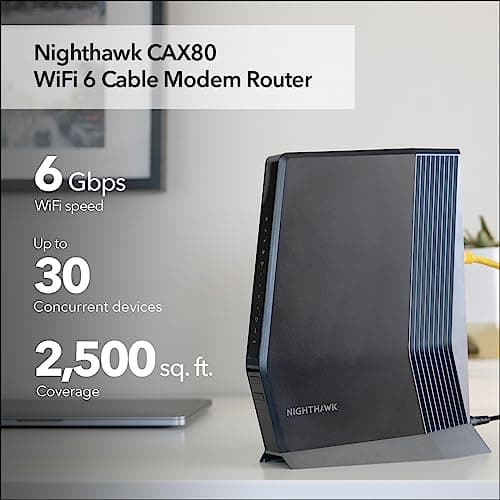 NETGEAR Nighthawk Cable Modem and WiFi 6 Router Combo (CAX80) - Compatible with All Major Cable Providers incl. Xfinity, Spectrum, Cox - Cable Plans up to 6Gbps - AX6000 WiFi 6 Speed - DOCSIS 3.1 2
