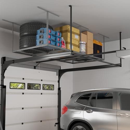 FLEXIMOUNTS 4x8 Overhead Garage Storage Rack, Adjustable Organization System, Heavy-Duty Metal Ceiling Racks, 750lbs Weight Capacity, Hammertone, Classic Series 2