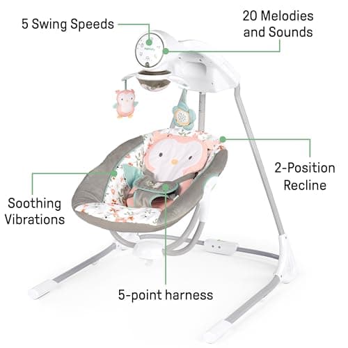 Ingenuity InLighten 5-Speed Baby Swing - Swivel Infant Seat, 5 Point Safety Harness, Nature Sounds, Lights - Nally Owl 4