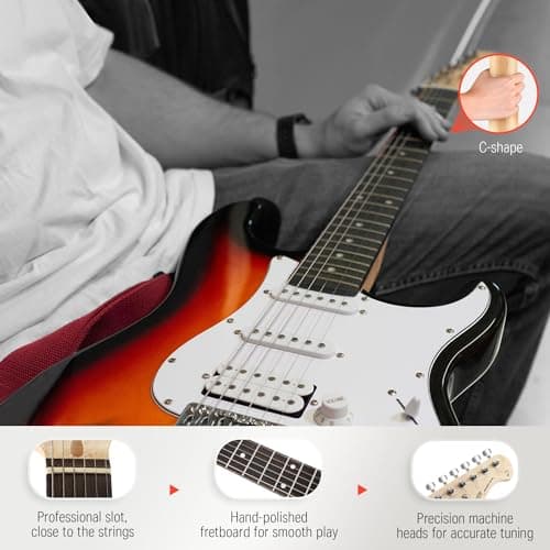 Donner DST-100S 39 Inch Full Size Electric Guitar Kit Solid Body Sunburst, Beginner Starter, with Amplifier, Bag, Capo, Strap, String, Tuner, Cable, Picks 5
