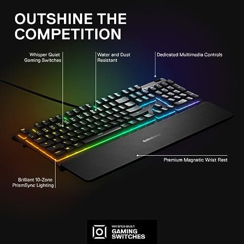 SteelSeries Apex 3 RGB Gaming Keyboard – 10-Zone RGB Illumination – IP32 Water Resistant – Premium Magnetic Wrist Rest (Whisper Quiet Gaming Switch) 2