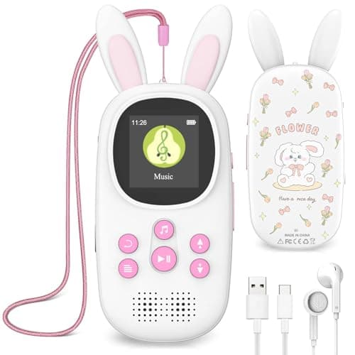 Mp3 Player for Kids, Cute Bunny Kids Mp3 Player with Bluetooth, 32GB Mp3 Players with Speaker, FM Radio, Recordings, Alarm, Pedometer, Stopwatch, Support up to 128GB
