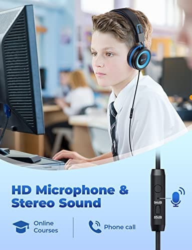 iClever Kids Headphones with Cord, 85/94dB Safe Volume Tech, Bending Resistance Durable, Foldable, Stereo Sound 3.5mm Jack Wired Headphones for Kids Boys Girls Tablet/Travel/School, HS14 2