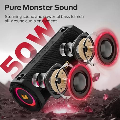 Monster Speaker S200 Wireless Portable Bluetooth Speaker, 24H Playtime, IPX6 Waterproof, 50W Stereo Sound, Bluetooth 5.4, Dual Bass Speakers, Perfect for Home, Parties, and Travel.Black 2