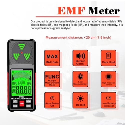 EMF Meter, 3-in-1 Portable Electromagnetic Field Radiation Detector Handheld EMF Tester for EF, RF, MF, WiFi Signal, Radio Frequency Detector Suitable for Home Office EMF Inspections Ghost Hunting 2