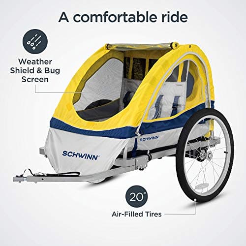 Schwinn Echo Child Bike Trailer, Max of 2 Children with Total Weight of 80 lbs., Canopy, 20-Inch Air-Filled Tires, Yellow/Grey 3