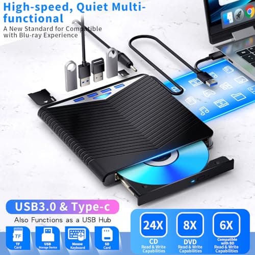 Dainty External Blu-ray Drive Support for Blu-ray DVD/CD Player/Read/Write, USB 3.0 &/Type-C, Support for Blu-ray/DVD/CD, BD Drive, Windows 7-11 & Mac, PC-Compatible, M-DISC(Black) 2