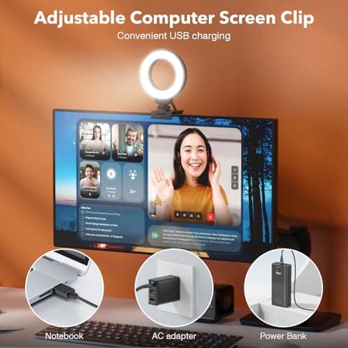 FDKOBE Ring Light for Laptop/Computer,Zoom Call, 4'' Small Video Conference Lighting with Webcam Style Mount and Tripod,3 Light Modes&10 Brightness Levels,Selfie 4