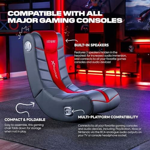 X Rocker Extreme III 2.0 Video Gaming Floor Chair with Headrest Speakers, Built-in Audio, Foldable, Vegan Leather, 300 lbs Max, Amazon Exclusive, Grey and Red 4