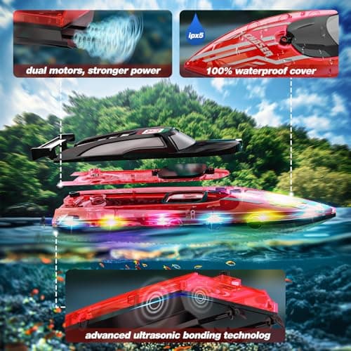 JOI MEW RC Boat for Kids with LED Lights, 2.4Ghz Remote Control Racing Boats for 8-12,Toy Water Boat for Pools & Lakes with Waterproof,Rechargeable Battery, for Boys Girls RED 5