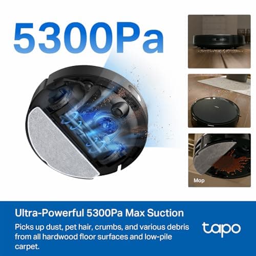 Tapo Ultra-Slim LiDAR Smart Navigation Robot Vacuum and Mop, 5300Pa Max, 97%+ Dust Pickup, Customizable Cleaning, Self-Charging, Works w/Alexa & Google Home, RV20 Max 2