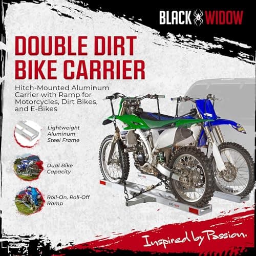 Black Widow Double Motorcycle Bike Hitch Carrier with Loading Ramp, 600 Lbs Capacity, Metallic - Heavy-Duty Aluminum Hauler and Platform for Motorcycles 2