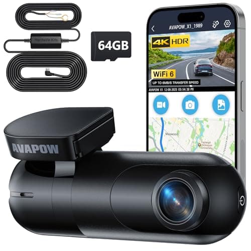 AVAPOW 4K Dash Cam Front for Cars, Free Hardwire Kit & 64GB Card Included - WiFi 6, App Control, UHD 2160P, Built-in G-Sensor, Loop Recording, Night Vision, 24H Parking Mode, WDR