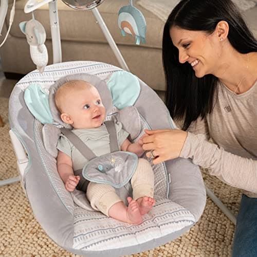 Ingenuity InLighten 5-Speed Baby Swing - Swivel Infant Seat, 5 Point Safety Harness, Nature Sounds, Lights - Van Elephant 5