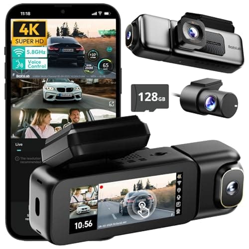 BOTSLAB 3 Channel Dash Cam 4K with 128GB Card, 3.18" Touch Screen, Voice Control, 4K Dash Cam Front and Rear Inside Loop Recording, 5.8GHz WiFi, GPS, Night Vision, WDR, Parking Mode