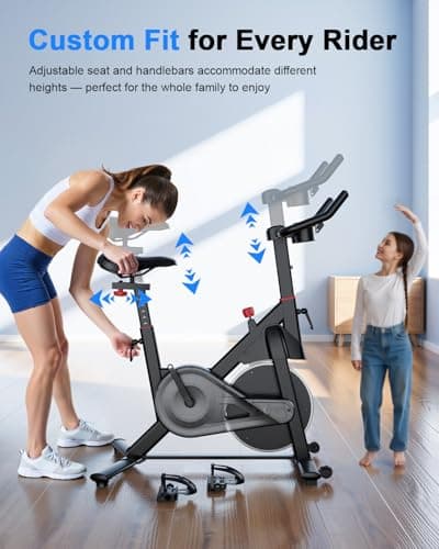 Superun Exercise Bike, Stationary Bikes for Home with Brake Pad, Low Noise Indoor Cycling Bike with 300LBS Weight Capacity, Workout Bike for Home Gym with Pad Mount LCD Monitor and Cup Holder 4