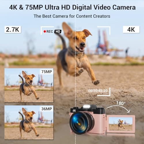 Digital Camera, FHD 4K 75MP WiFi Vlogging Video Camera for YouTube with 3'' 180°Flip Screen, 64GB SD Card, 16x Digital Zoom, 2 Batteries, Point and Shoot Digital Camera for Beginner (Pink) 2