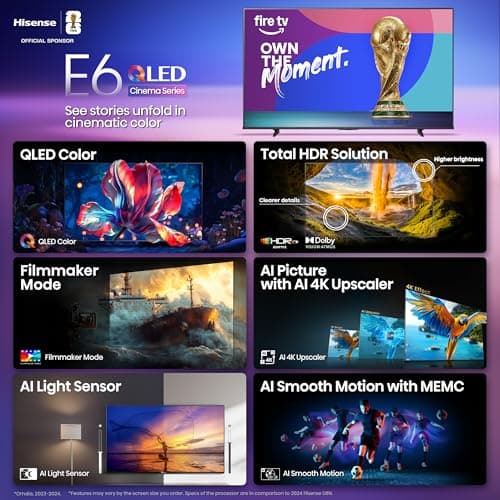 Hisense 65" E6 Cinema Series QLED 4K UHD Smart Fire TV (65E6QF, 2025 Model) - QLED, AI Light Sensor, Dolby Vision · Atmos, Voice Remote with Alexa, Motion Rate 120, HDR 10+ Adaptive, Game Mode Plus 3