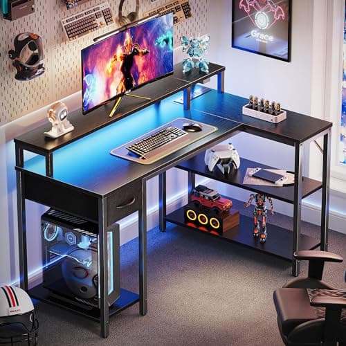 SUPERJARE 47 inch L Shaped Gaming Desk with LED Lights & Power Outlets, Reversible Computer Desk with Shelves & Monitor Stand, Corner Desk with Drawer, for Home & Office, Black, 7998BC 2