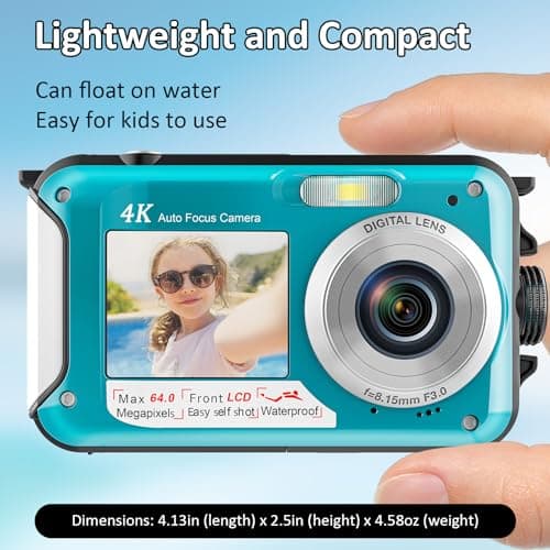 4K Underwater Camera 16FT Waterproof Camera with 32GB Card 64MP Autofocus Dual-Screen Selfie Underwater Camera for Snorkeling Waterproof Compact Floatable Digital Camera 1250mAh Battery Type-C (Blue) 4