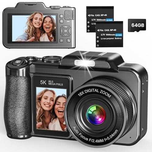 Digital Camera, 5K 80MP 3.5"+2" Dual Screen Cameras for Photography Autofocus, 18X Digital Zoom Vlogging Camera for YouTube, Travel, Beginners, Include 64GB Card and 2 Batteries, Black