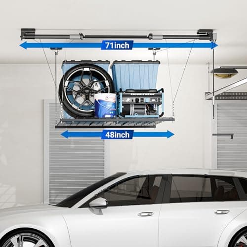 FLEXIMOUNTS GL1 Overhead Garage Lifting Storage Rack, 4x4 Ft Heavy-Duty Metal Garage Ceiling Rack, Adjustable Organization System With 71''L Axle, 300lbs Weight, Black 3