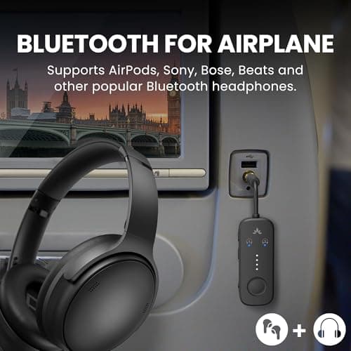 Avantree Relay - Premium Airplane Bluetooth Adapter with Advanced Qualcomm Chipset, 2 Headphones Support, 25hrs Play Time, aptX Adaptive & HD Audio Transmitter for Airpods, Bose & Travel Flight 2