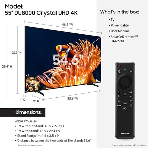 Samsung 55-Inch Class 4K Crystal UHD DU8000 Series HDR Smart TV w/Object Tracking Sound Lite, Motion Xcelerator, Ultra Slim Design, Gaming Hub, Alexa Built-in (UN55DU8000, 2024 Model) 2