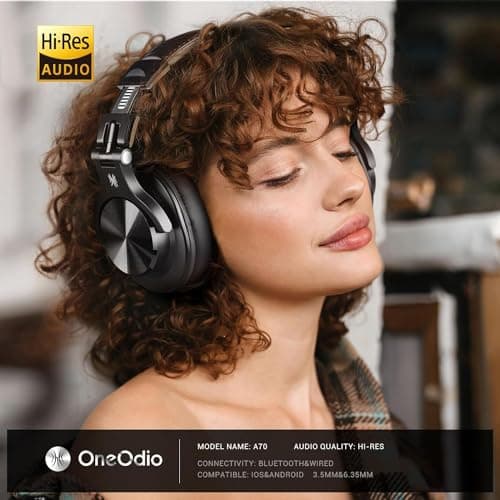 OneOdio A70 Bluetooth Over Ear Headphones, Wireless Headphones with 72H Playtime, Hi-Res, Built-in Mic, 3.5mm/6.35mm Wired Audio Jack for Studio Monitor & Mixing DJ Guitar AMP, Computer PC Gaming 2