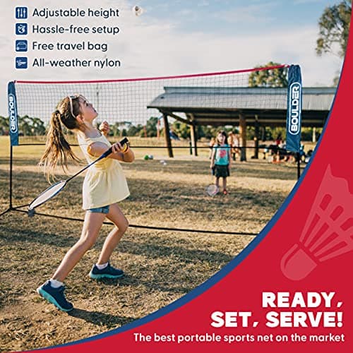 BOULDER Portable Badminton Pickleball Net - Foldable / Extendable Poles for Multiple Sports Heights (UP to 5 ft) - Ideal for Tennis, Pickleball, Soccer Tennis - Easy Setup (Blue, 17 FT) 2